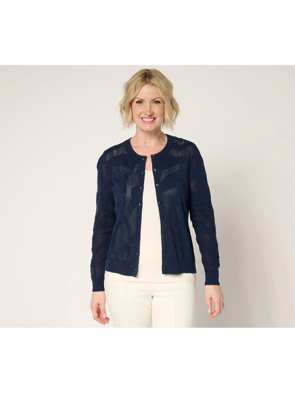 BEAUTIFUL by Lawrence Zarian 100% Cotton Novelty Stitch Cardigan Navy, Medium